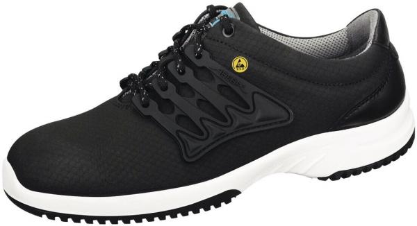 The shoe is lightweight, black with a textured surface. It has a white outsole and elastic laces, which give it a sporty and modern look.