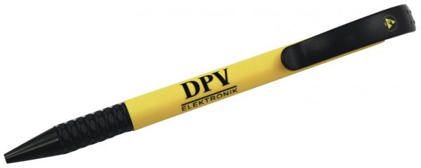 Der Stift ist gelb mit schwarzem Clip und einer rutschfesten Fläche. Auf ihm steht "DPV" in schwarzer Schrift. Er hat eine klassische Form für einen Kugelschreiber.
