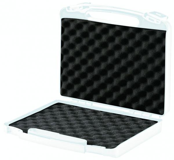 The image shows an open suitcase with a white casing and a black, textured interior. The bottom is equipped with a wavy padding.
