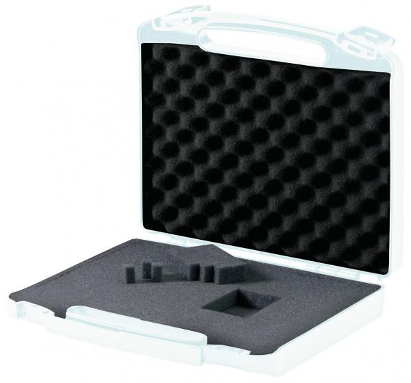 The image shows an open suitcase with a black foam insert. The insert has a textured surface with waves and indentations, ideal for protecting items.
