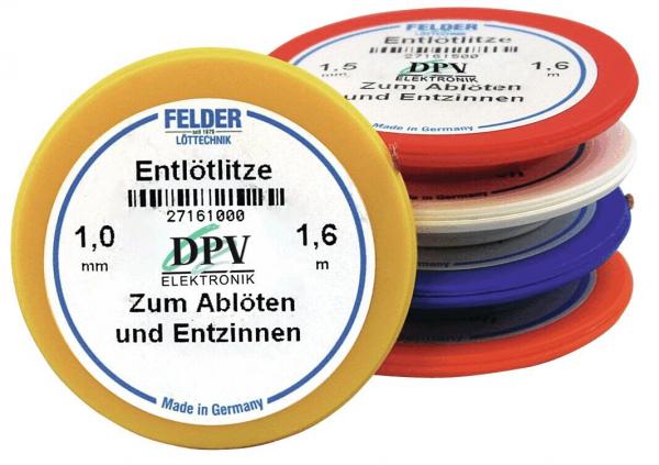 The image shows several spools of desoldering braid in various colors. The largest spool is yellow with a label that contains information on usage and size.