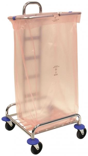 Ein fahrbarer Müllwagen aus Metall mit einem transparenten, rosa Müllsack. Er hat vier Rollen für Beweglichkeit und einen Henkel zum Schieben. Der Sack ist oben offen.