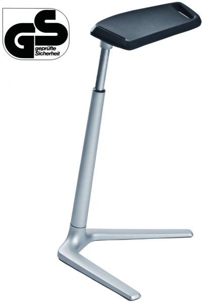 The image shows a modern, sleek table with a narrow, slightly inclined tabletop. The frame is made of silver-colored metal and has a sturdy, three-legged base.
