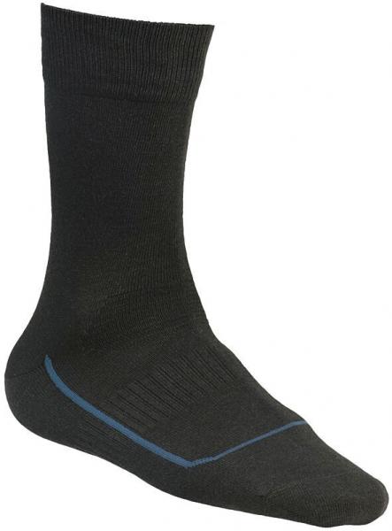 The image shows a black sock. It is ankle-high, made of a smooth material, and has a blue line on the side. The sock appears simple and functional.