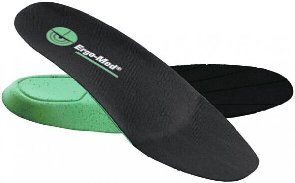 The image shows two inserts for shoes. The upper insert is black with a narrow, curved design. The lower insert is green and has a wider shape. Both have different surface textures.