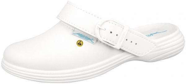 Es handelt sich um einen weißen, offenen Schuh mit einem breiten Riemen über dem Fuß. Der Schuh hat eine leichte, gerillte Sohle und eine Schnalle zur Anpassung. Ideal für den Alltag.