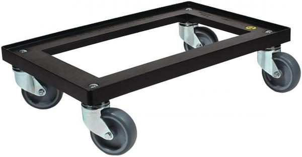 The image shows a black transport roller with four movable wheels. The surface has a rectangular frame that is stable and used for moving heavy objects.