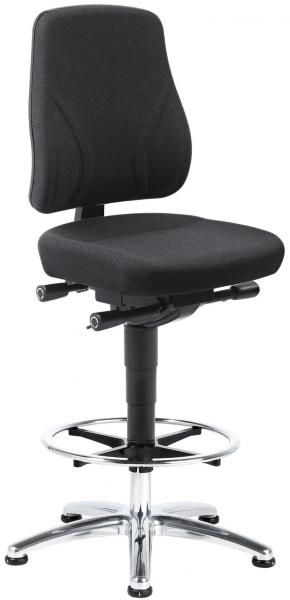 The chair has a high, padded backrest and a black seat. The height is adjustable. It stands on a chrome base with five casters.