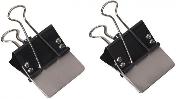 The image shows two black paper clips with metal handles. Each clip has a wide, flat base that is used for fastening paper. The handles are curved upwards.