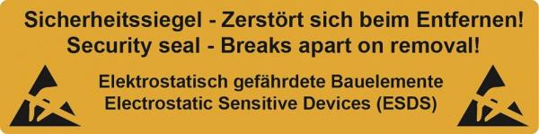 The image displays a yellow security seal with black lettering. It warns that it will break if removed, and informs about electrostatically sensitive components.