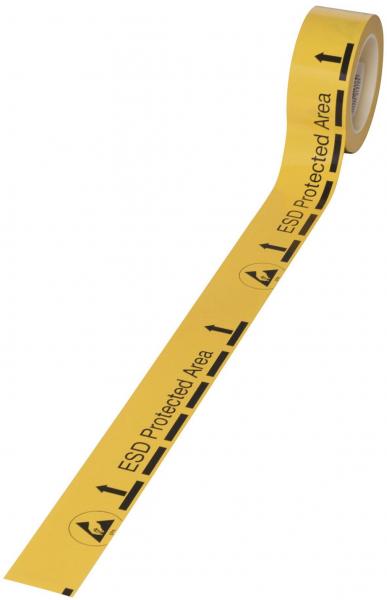 Das Bild zeigt eine Rolle gelbes Klebeband mit der Aufschrift ?ESD Protected Area?. Es enthält auch Symbole, die auf Schutz vor elektrostatischer Entladung hinweisen.