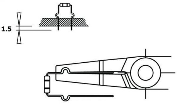 The image displays technical drawings of a component. The top shows a side view with a dimension of 1.5. Below is a detailed top view with additional lines and shape elements.