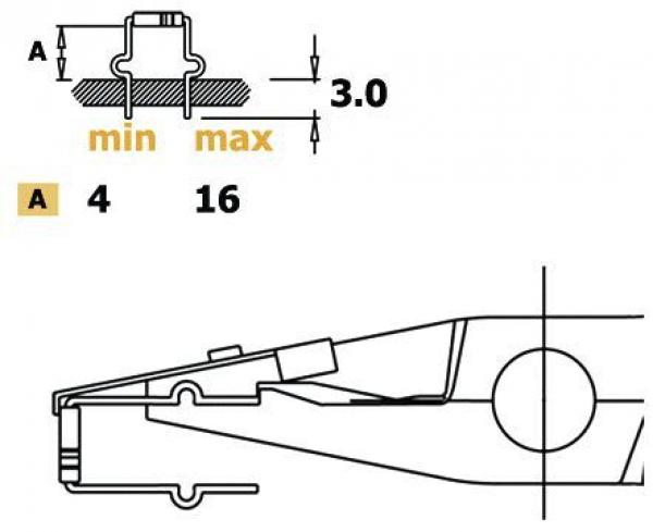 The image displays technical drawings. The top shows a cross-section with height measurements (3.0) and minimum (4) and maximum (16) values for a dimension. Below is a side view of an object.