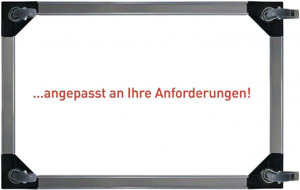 The image displays an empty frame with corners made of black plastic and a gray metal frame. In the center, it reads in red text "?...tailored to your requirements!?".