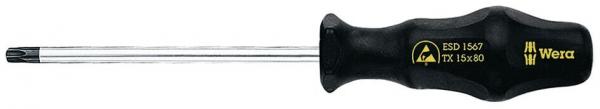 The image shows a screwdriver with a long, slender steel blade and a black, rubberized handle. The handle has yellow prints and fits comfortably in the hand.