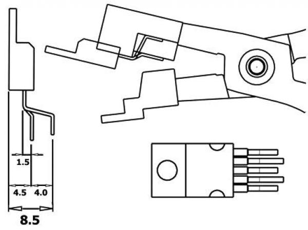 The image displays technical drawings of a component with multiple pins. It includes side and top views. Dimensions are provided, some lines are curved or straight.