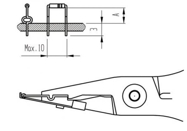 The image displays a technical drawing of a tool, likely a pair of pliers. One side shows the pliers from a side view with a section cut, the other side presents a schematic view with dimensions.