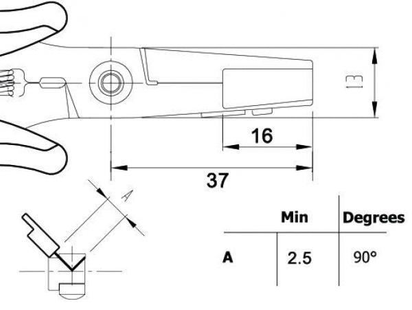 Das Bild zeigt eine technische Zeichnung von einem Werkzeug, möglicherweise einer Zange. Es sind Maße angegeben, einschließlich Längen von 13 mm, 16 mm und 37 mm, sowie einen Winkel von 90 Grad.