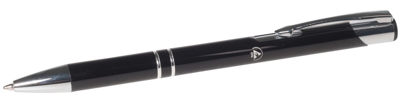 In the picture, there is an elegant, black ballpoint pen. It features silver accents, including a thin line and a clip-like closure at the top.