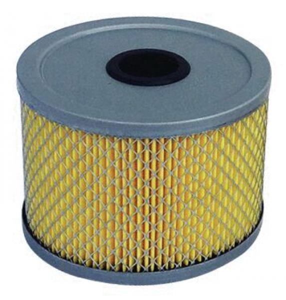 Das Bild zeigt einen zylindrischen Luftfilter mit einer runden, grauen Oberseite und einem gelben, gitterförmigen Material an der Seite. In der Mitte ist ein Loch für die Montage.