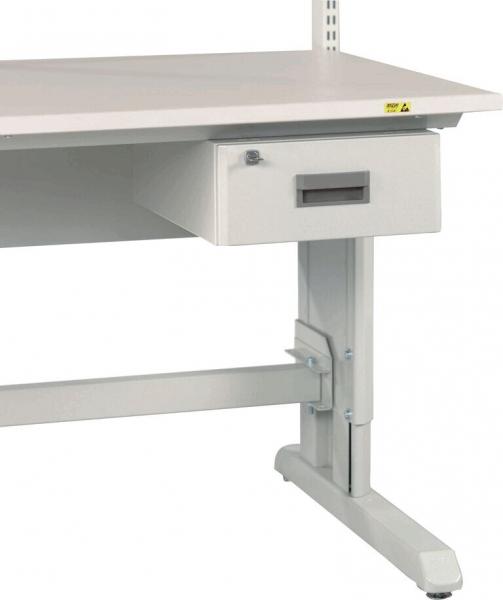 The image depicts a modern desk with a white tabletop and a drawer unit on the left side. The drawer has a simple handle and the desk stands on sturdy legs.