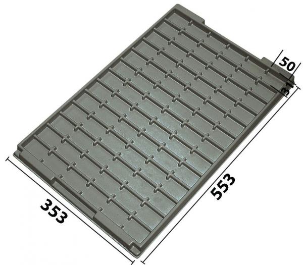 The image displays a rectangular gray plastic tray with many small elongated indentations for storage. Dimensions: 553 mm x 353 mm, height 50 mm. It is sturdy and functional.