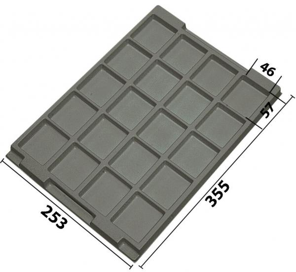 The image displays a rectangular, gray shape with 16 uniform indentations. The shape has dimensions of 355 mm in length, 253 mm in width, and 46 mm in height. It is flat and stable.