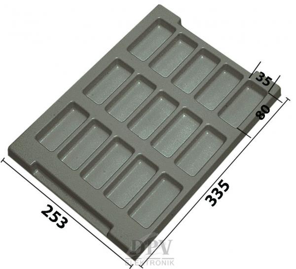 The image displays a rectangular plastic plate with 12 elongated indentations. It is gray, features a handle, and measures 335 mm in length and 253 mm in width.