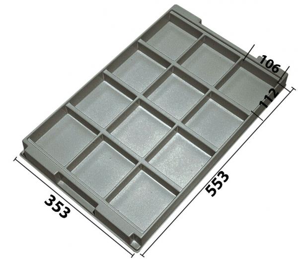 The image shows a rectangular, gray plastic tray with twelve compartments. The compartments are evenly arranged and are used for sorting or storing small items.