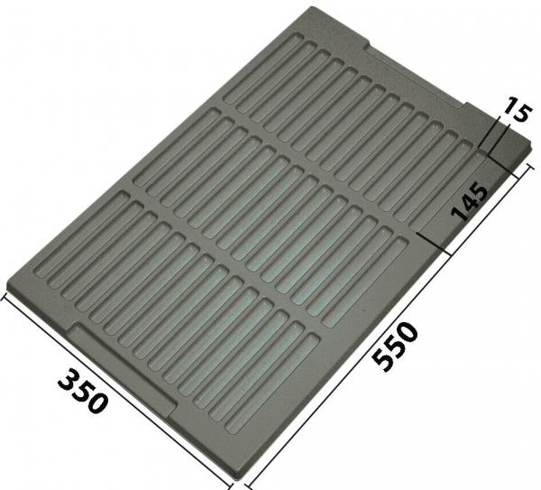 Das Bild zeigt eine graue, rechteckige Platte mit vielen parallelen Rillen. Die Abmessungen sind 550 mm lang und 350 mm breit. Sie hat eine Dicke von 15 mm und eine Aussparung an einer Seite.