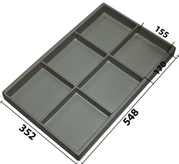 The image shows a gray, rectangular serving platter with six equally sized compartments. The compartments are symmetrically arranged. The dimensions are given in millimeters.