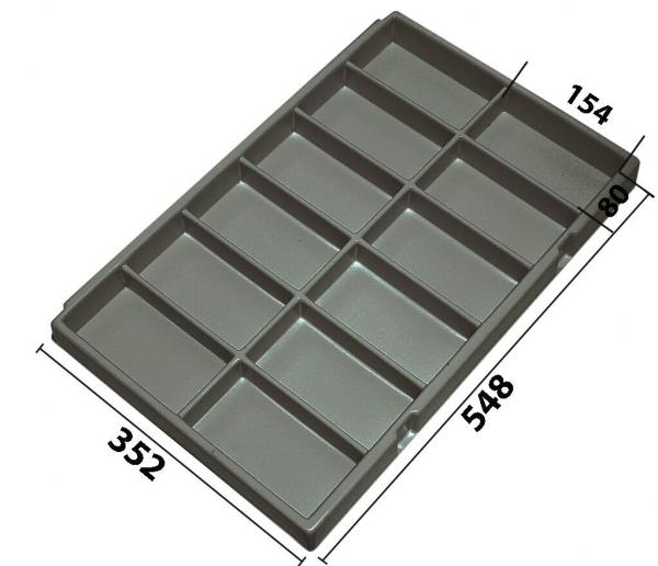 The image shows a rectangular, gray container with multiple compartments. It has fourteen equally sized compartments in two rows and several columns. The dimensions are provided.