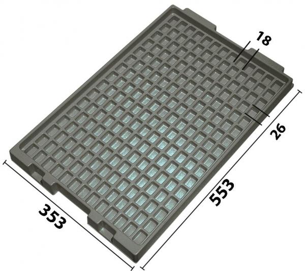 The image shows a rectangular gray plastic plate with a grid pattern. The plate measures: 553 mm long, 353 mm wide, and 18 mm thick. The corners are slightly rounded.