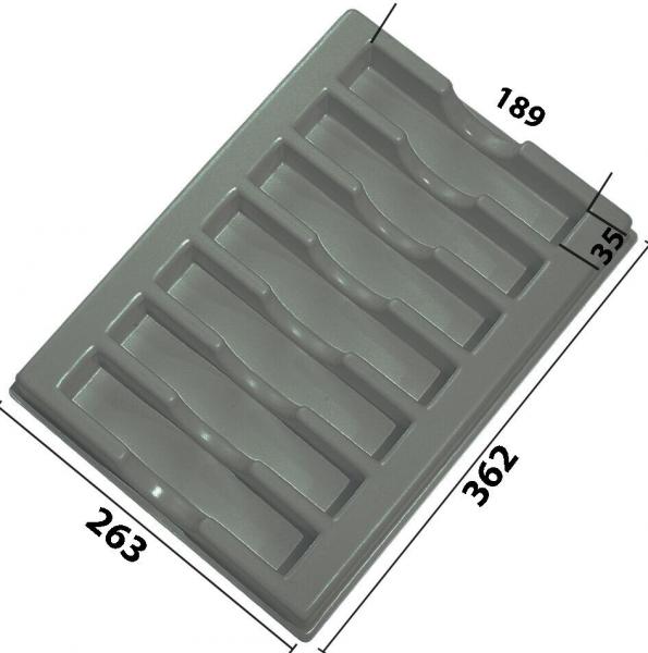The image shows a rectangular, gray plate with several elongated indentations. The dimensions are 362 mm in length, 263 mm in width, and 35 mm in height. The indentations are evenly arranged.