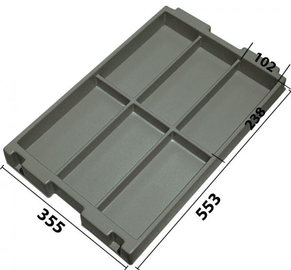 The image shows a gray, rectangular tray with four compartments. The compartments are evenly distributed, and the tray has a smooth surface. The dimensions are given in millimeters.