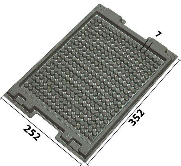 The image shows a gray, flat plate with a textured surface covered with many small, round elevations. The dimensions are 252 mm x 352 mm and 7 mm thick.