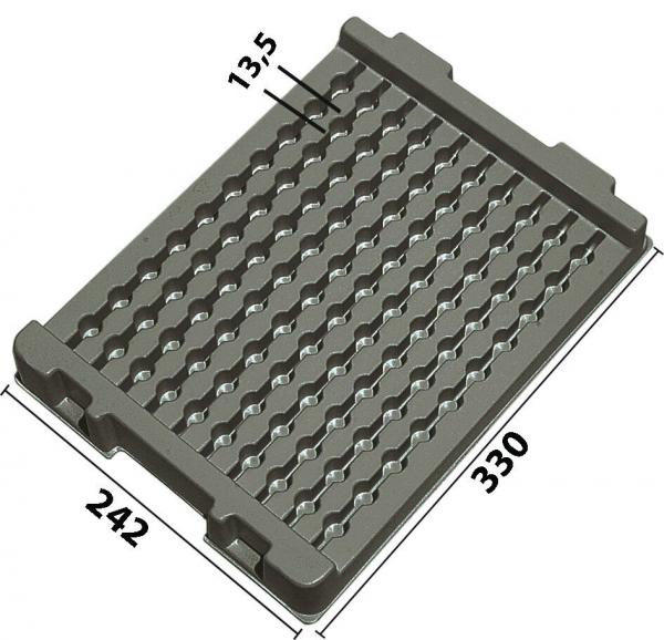 Das Bild zeigt eine rechteckige, graue Matte mit einer wellenförmigen, strukturierten Oberfläche. An den Seiten sind Maße angegeben: 242 mm und 330 mm. Ein Maß von 13,5 mm ist ebenfalls vermerkt.