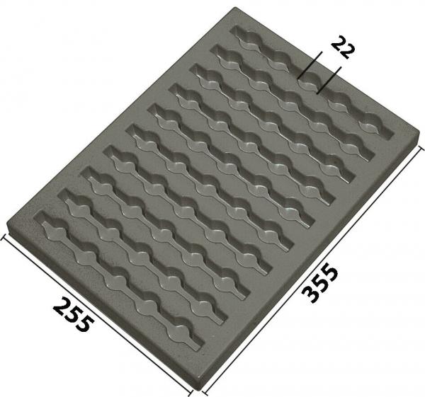 The image shows a rectangular, gray mat with wavy indentations. It measures 355 mm in length and 255 mm in width. The waves are evenly arranged.