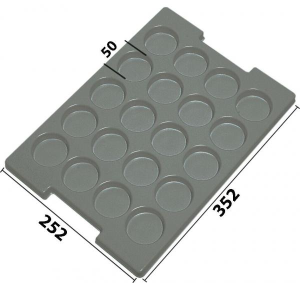 Das Bild zeigt eine rechteckige, graue Platte mit 16 runden Vertiefungen in zwei gleichmäßigen Reihen. Seitlich sind Maße in Millimetern angegeben: 252 mm und 352 mm. Oben ist eine Markierung von 50 mm.