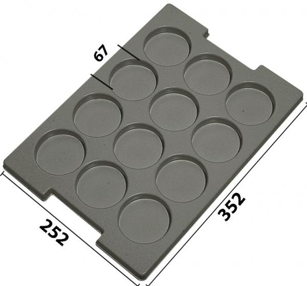 The image displays a rectangular shape with 10 round indentations. The colors are gray, and dimensions are provided along the edges. The shape is suitable for baking or filling.