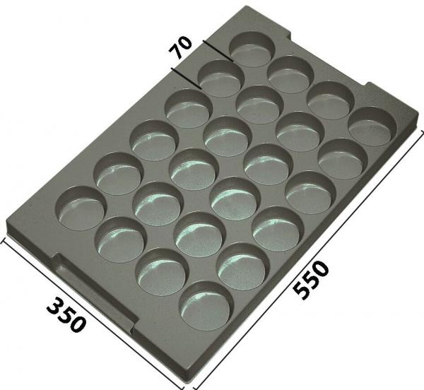 The image displays a gray plastic plate with 24 round indentations. The plate measures 350 mm in width and 550 mm in length, with a narrow area of 70 mm on one side.