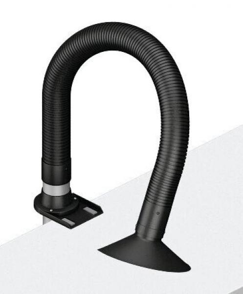 The image shows a flexible, black hose with a curved shape. It is attached to a base and ends in a wide, flat opening.