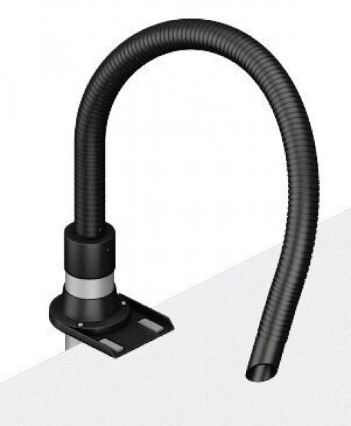 The image shows a flexible hose with a black, spiral surface, attached to a solid holder. The hose curves and ends in an open, round opening.