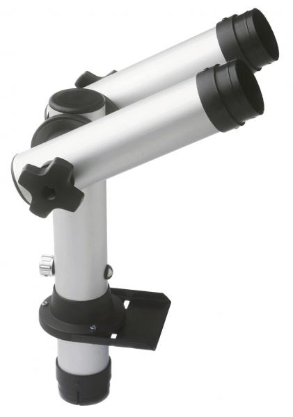 The image shows a telescopic extension with two elongated tubes made of silver metal. The tubes are attached at a joint and have black eyelets at the ends. There is a mount at the bottom.