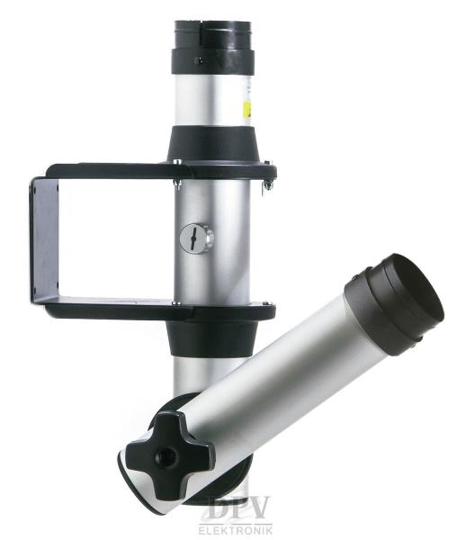 The image displays a silver device resembling a telescope. It features a cylindrical body, a black mounting element, and a round, tapered opening at one end.