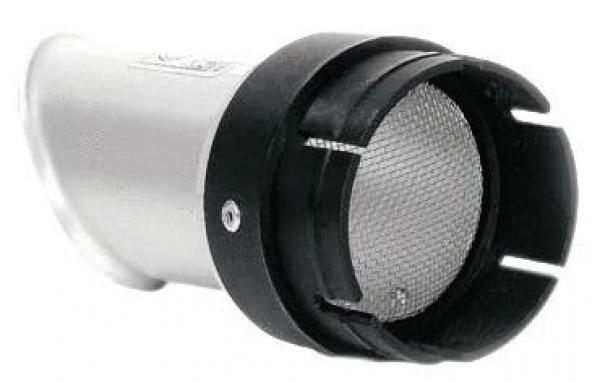 The image displays a silver exhaust with a black edge. At the front, there is a round, metallic grille insert visible that protects the opening.