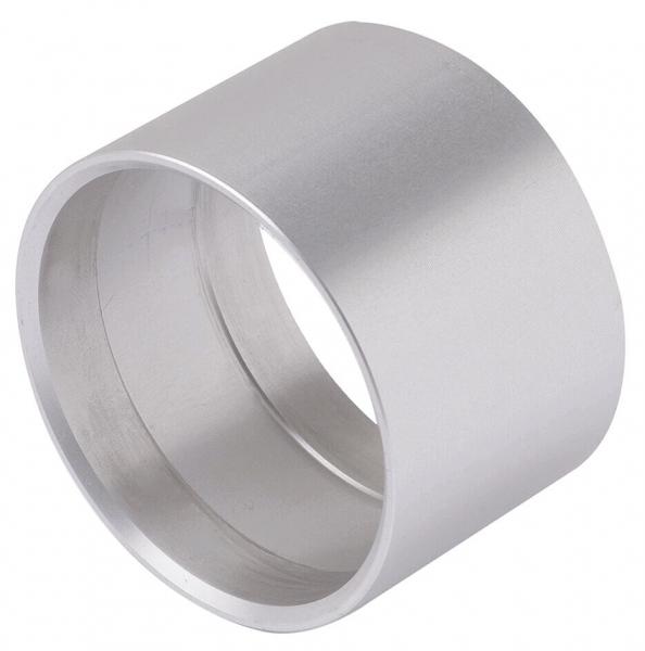 The ring is made of metallic material, has a matte surface, and is cylindrical. It is hollow inside and has a uniform, smooth structure. The edges are clean and even.