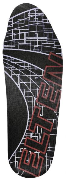 Das Bild zeigt eine schwarze Innensohle mit einem geometrischen, grauen Muster. Auf der Sohle steht in roten Buchstaben ?ELTEN?. Die Sohle hat eine konturierte Form.