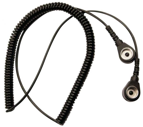 The image shows a black, coiled cable with two ear plugs. It is stiff and spiral-shaped, correctly intended for connection to audio devices.