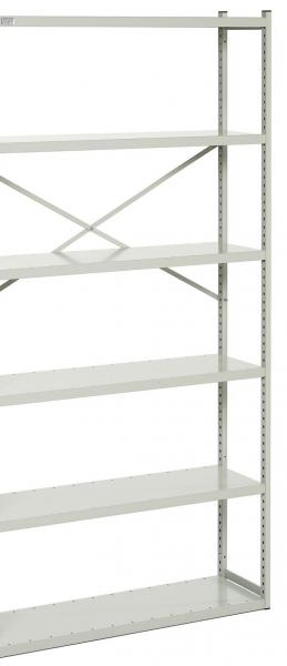 The image shows a tall, narrow shelving unit in light gray. It has five open shelves evenly spaced, and a cross-shaped support structure at the back.